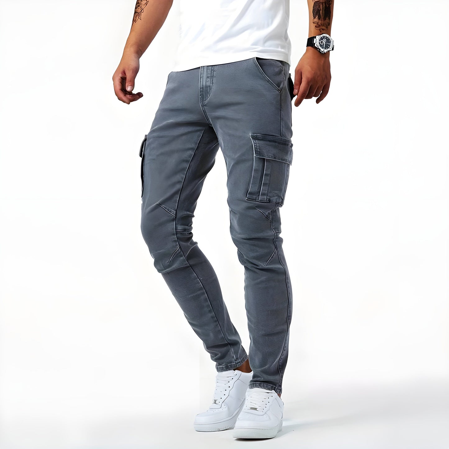 François - Pantalons Cargo en Denim Élastique Stretch Denim Cargo Pants Essentielle Gris S