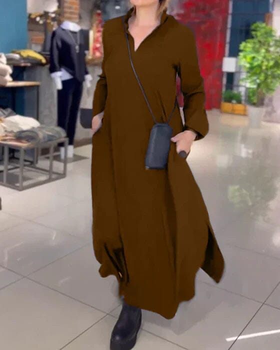 Amélie - Robe Longue en Coton Premium Essentielle Marron S 